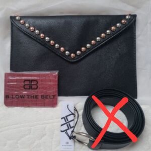 B-Low the Belt Set Studded Black Clutch Purse Dust Bag Red Card Case All New